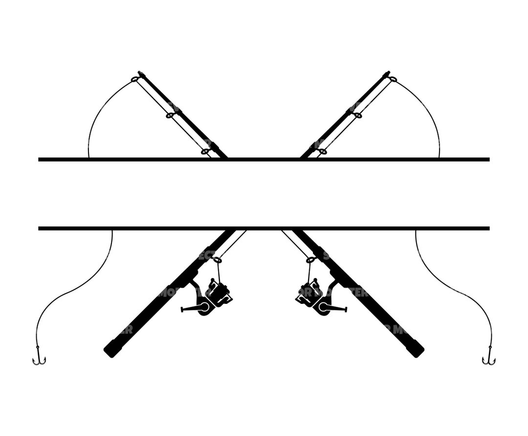 Crossed Bass Fishing Rods Monogram Svg, Fishing Pole Split Name Frame