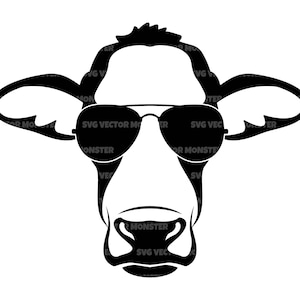 May include: Black and white silhouette of a cow's head wearing sunglasses. The cow has a simple, cartoon-like design.