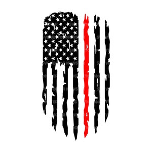 May include: A distressed American flag with a single red stripe down the center. The flag is black and white with a red stripe.