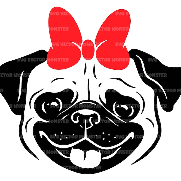 Pug with Red Hair Bow Svg, Pug Love Svg, Pug Lover Svg. Vector Cut file for Cricut, Silhouette, Pdf Png Eps Dxf, Decal, Sticker, Vinyl. Pin.