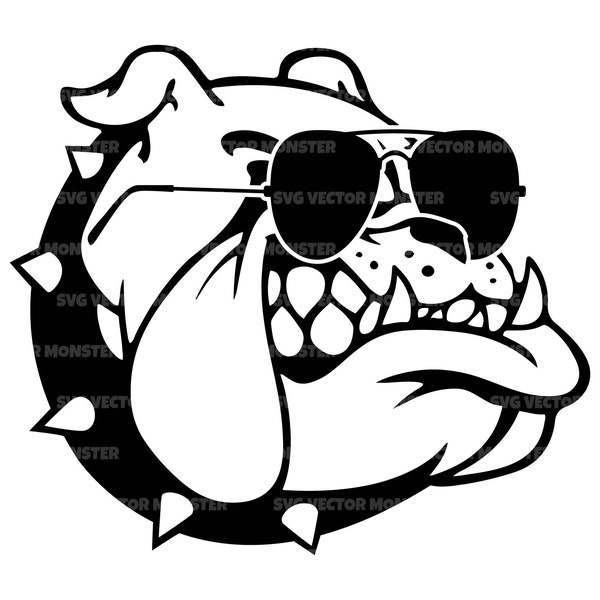 Bulldog Svg with Sunglasses, Bull dog Svg, Black Bulldog with Glasses. Vector Cut file Cricut, Silhouette, Pdf Png Eps Dxf, Decal, Sticker.