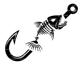 May include: Black and white graphic of a fish skeleton impaled on a fishing hook. The hook is curved with a sharp point, and the fish skeleton is detailed with ribs and a skull. The design is a vector illustration.