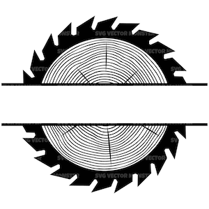 May include: Black and white silhouette of a saw blade with a wood grain pattern in the center. The saw blade is split in half horizontally with a blank space in the middle. The text "SVG VECTOR MONSTER" appears on the saw blade.