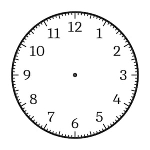 May include: A blank clock face with black numerals and minute markers around the perimeter. The numbers 1 through 12 are evenly spaced. A small black dot is in the center of the clock face.