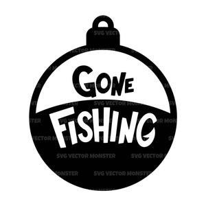 May include: Black and white ornament with the text "Gone Fishing" in a white circle on a black background.