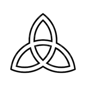 May include: A black and white Celtic knot design, also known as a triquetra, is displayed against a white background. The symbol is composed of three interconnected arcs, forming a continuous, knot-like pattern. The lines are thick and bold.