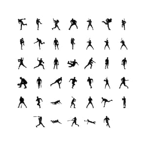 41 Jugador de Béisbol Pose Siluetas Svg, Archivo de Corte Vectorial para Cricut, Pdf Png Eps Dxf, Calcomanía, Pegatina, Vinilo, Pin