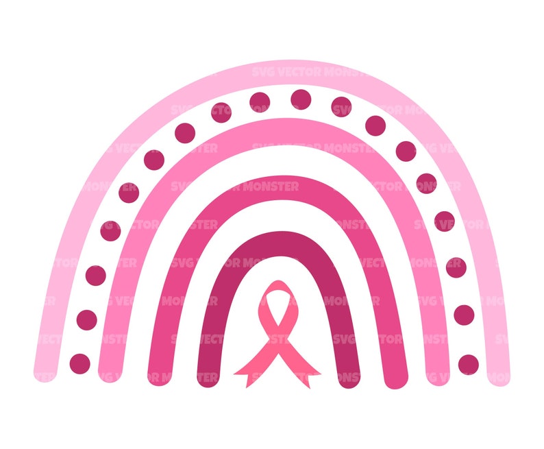 May include: Pink and red rainbow with a pink ribbon in the center. The rainbow has a dotted border.