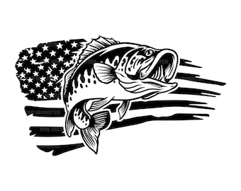 Amerikansk fisk Svg, amerikansk flagga Svg, abborrfiske Svg, fiskare, fiskepappa. Vektor klippfil Cricut, silhuett, PDF PNG DXF, dekal, klistermärke.