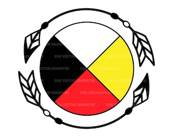 May include: A circular graphic with a black outline, divided into four sections: white, yellow, red, and black. Two arrows with feather details are on opposite sides of the circle. The text "SVG VECTOR MONSTER" is repeated around the circle.