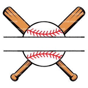 May include: A baseball split in half with two crossed wooden bats. The baseball has red stitching.