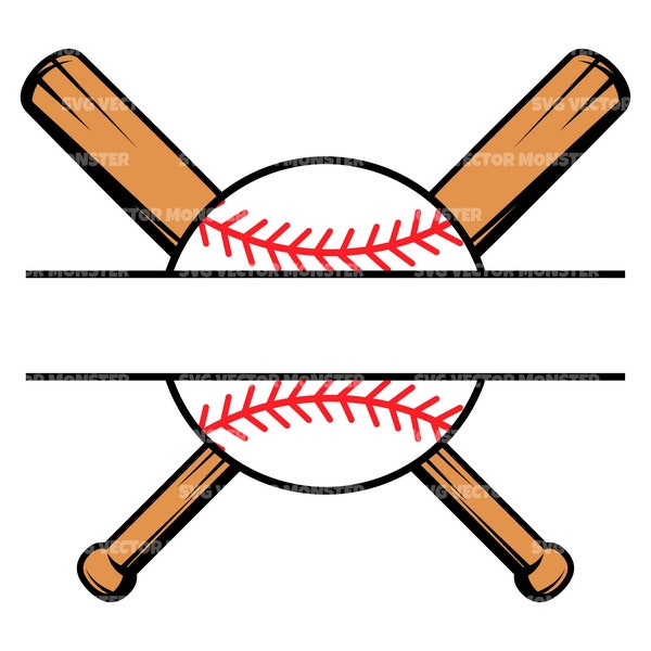 Baseball Split Name Monogram Svg, ,Crossed Baseball Bats Svg, Baseball Mom Svg, Baseball Shirt. Vector Cut file Cricut, Pdf Png Eps Dxf.