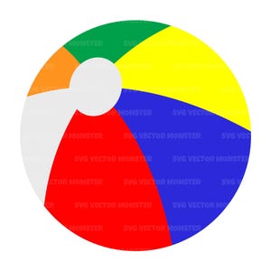 May include: A colorful beach ball with red, yellow, blue, and green sections. The ball is white in the center.