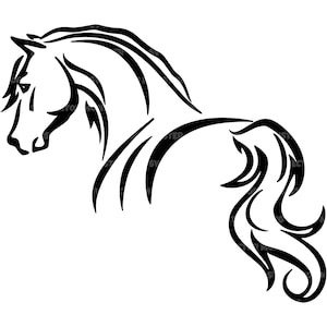 May include: A black and white line drawing of a horse's head and upper body. The horse is facing left, with a flowing mane and tail. The design is minimalist and elegant, suitable for various applications.