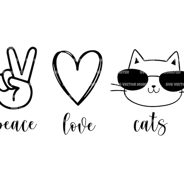 Peace, Love, Cats Svg. Cat with Sunglasses Svg. Vector Cut file for Cricut, Silhouette, Pdf Png Eps Dxf, Decal, Sticker, Vinyl, Pin