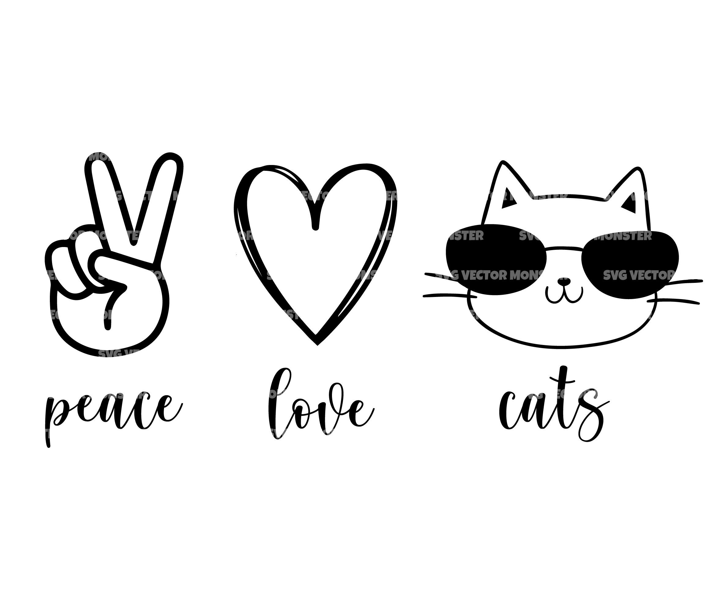 Peace Love Cats Svg. Cat with Sunglasses Svg. Vector Cut file for Cricut Silhouette Pdf Png Eps Dxf Decal Sticker Vinyl Pin
