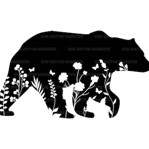 Floral ours Svg, ours fleurs Svg, maman ours Svg. Fichier de coupe vectoriel Cricut, Silhouette, Pdf Png Dxf, Décalque, Autocollant, Vinyle, Pochoir, Broche