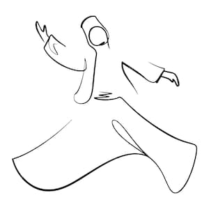 Può includere: Un disegno a linea di una persona con una lunga veste, con le braccia distese, che esegue una danza vorticosa.