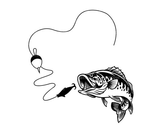 black & white fishing pole with fish Bass Fishing Svg, Fishing Rod, Fishing Pole, Fisherman Svg, Bass Fish  Design. Vector Cut file Cricut, Silhouette, Pdf Png Dxf