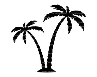 May include: Black silhouette of two palm trees with textured trunks and detailed fronds. The image is a vector graphic, perfect for tropical or beach-themed designs. The text "SVG VECTOR MONSTER" is visible on the image.