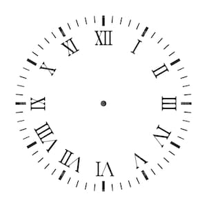 May include: A black and white clock face with Roman numeral markings. The clock face is circular and has a small black dot in the center.
