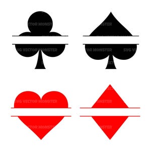 Monograma de naipes (Svg): Tréboles, Picas, Corazones y Diamantes. Archivo vectorial para Cricut, silueta, PDF, PNG, EPS, DXF.