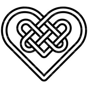 May include: Black and white heart-shaped design with a Celtic knot pattern in the center. The heart has a double outline, and the knot is intricately woven. This graphic is suitable for various applications.