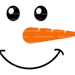 Könnte beinhalten: Ein einfaches Cartoon-Schneemann-Gesicht mit schwarzen Augen, einer orangefarbenen Karottennase und einem schwarzen lächelnden Mund.