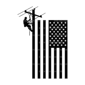 May include: A silhouette of a worker climbing a utility pole with an American flag in the background.