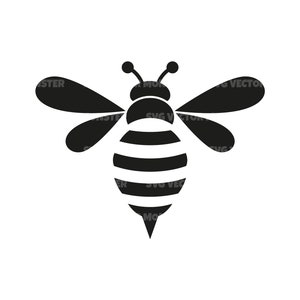 May include: Black and white silhouette of a bee with wings spread out. The bee has a striped abdomen.