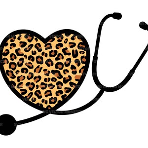 May include: A black stethoscope with a leopard print heart design. The stethoscope is a medical tool used to listen to heartbeats and lung sounds.