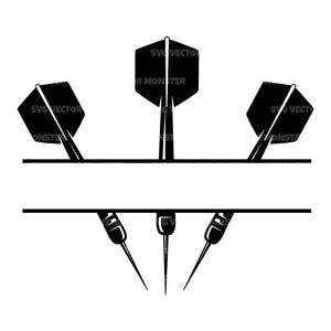 Puede incluir: Gráfico en blanco y negro de tres dardos con plumas hexagonales, dispuestos sobre una línea horizontal. El texto "SVG VECTOR MONSTER" es visible en las plumas. Debajo, las puntas de los dardos apuntan hacia abajo.
