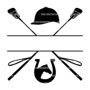 May include: Black and white equestrian graphic featuring a riding helmet, two riding crops, a horseshoe with a horse head silhouette, and two sets of reins. Includes horizontal lines for text.