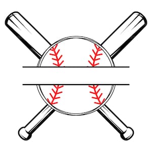 May include: Black and white baseball bat silhouette with a red baseball in the center. The baseball has white stitching. The bats are crossed behind the baseball.
