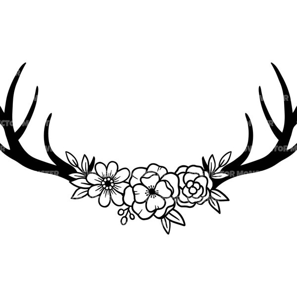 Floral Deer Antlers Svg, Rustic Reindeer Antlers Svg, Rose Flower. Vector Cut file Cricut, Silhouette, Pdf Png Dxf, Decal, Sticker, Vinyl.