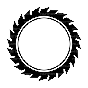 Könnte beinhalten: Schwarz-weißes Design einer Kreissäge mit scharfen Zähnen. Das Design ist ein Kreis mit einem kleineren Kreis im Inneren. Das Design ist perfekt, um ein Logo oder eine Grafik für ein Holzbearbeitungs- oder Bauunternehmen zu erstellen.