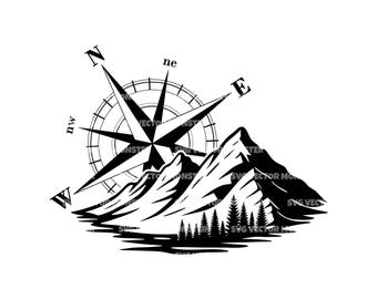 Compass Star Svg, Mountains Forest Svg, Off Road, Outdoor. Vector Cut file Cricut, Silhouette, Pdf Png Dxf.