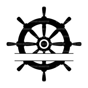 May include: Black and white silhouette of a ship's wheel with eight spokes. The wheel is split in half horizontally with a blank space for text. The wheel is a nautical symbol.