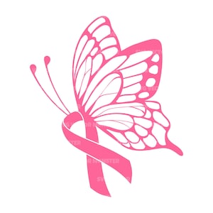 Mariposa de lazo rosa Svg. Concientización sobre el cáncer de mama, lucha contra el cáncer, guerrera. Archivo de corte vectorial Cricut, silueta, Pdf, Png, Dxf, calcomanía, vinilo.