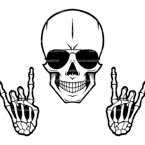 Cráneo Svg, Esqueleto Rock Horns Svg, Gafas de sol de aviador Svg. Archivo de corte vectorial para Cricut, Silueta, Pdf Png Eps Dxf, Calcomanía, Pegatina, Vinilo.