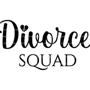 Puede incluir: Texto negro sobre fondo blanco: "Divorce SQUAD" en una fuente caprichosa. La palabra "Divorce" presenta un icono de corazón roto. Diseño simple y audaz, adecuado para diversas aplicaciones.