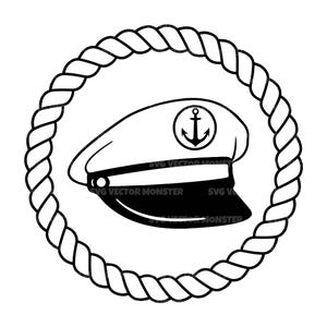 May include: Black and white nautical-themed graphic featuring a captain's hat with an anchor emblem, encircled by a rope border. The design is simple and bold, suitable for maritime-themed crafts and designs.