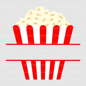 May include: A red and white striped popcorn bucket with a white top filled with popcorn. The bucket is split in half with a blank space in the middle for text.