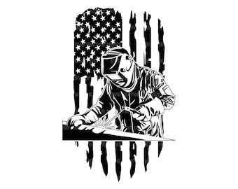 May include: Black and white illustration of a welder in front of a stylized American flag. The welder is wearing a helmet and protective gear, holding a welding torch. The flag design features stars and stripes.