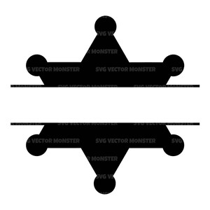 May include: Black and white silhouette of a five-pointed star with a split design for adding text. The text "SVG VECTOR MONSTER" appears on the star.