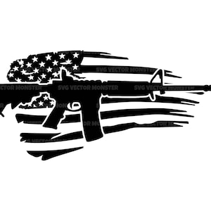 May include: Black and white silhouette of a rifle with a distressed American flag design. The flag is tattered and torn, with the stars and stripes visible.