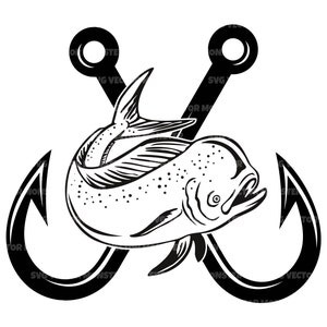 Mahi mahi Fish Svg, Svg avec hameçons croisés, Svg de coryphène, Pêche à l'achigan, Pêcheur. Fichier de coupe vectorielle Cricut, Silhouette, Pdf Png Dxf.