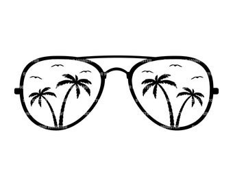May include: Black and white illustration of a pair of sunglasses with palm trees reflected in the lenses.