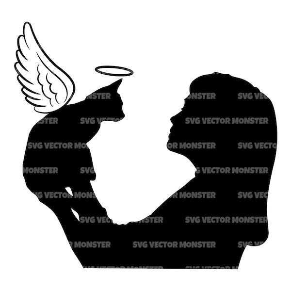 Angel Cat Svg and Woman Svg, Pet Memorial, Pet Loss. Vector Cut file Cricut, Silhouette, Pdf Png Eps Dxf, Decal, Sticker, Stencil, Pin.