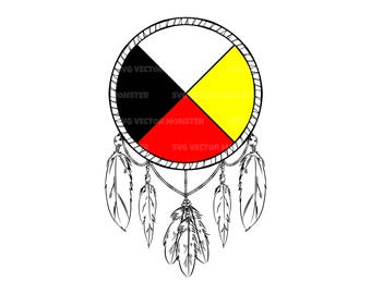 May include: A black and white illustration of a Native American medicine wheel with four sections colored red, yellow, black, and white. The wheel is hanging from a string with feathers attached.